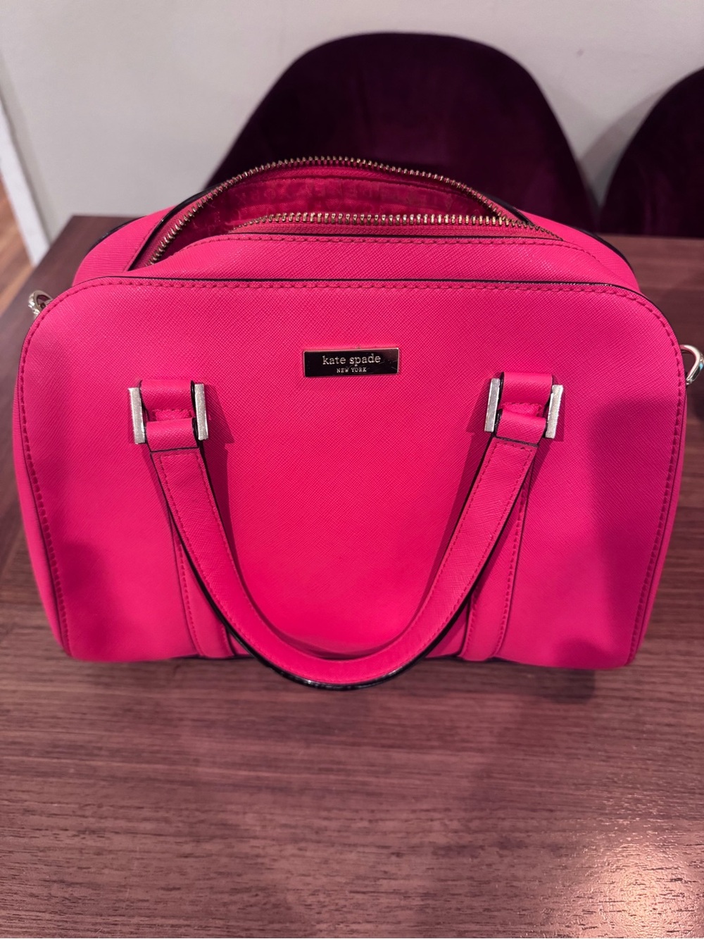 kate spade Hot Pink Saffiano Satchel with Gold Hardware crossbody strap included
